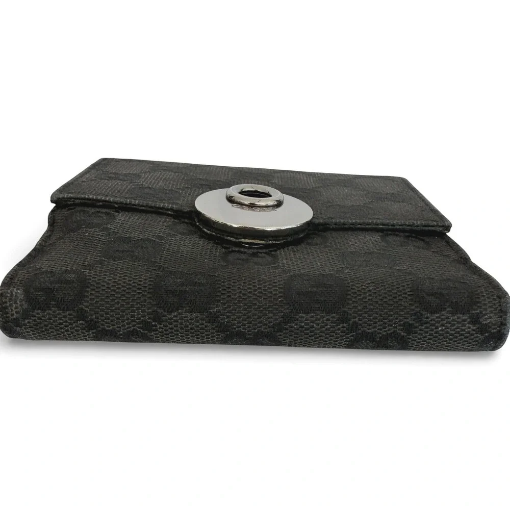 Gucci Vintage GG Canvas Black Leather Round Snap Bifold Wallet Made in Italy